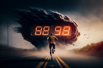 Course contre le temps - Homme courant sur la route, sprint chronométré - Générative IA