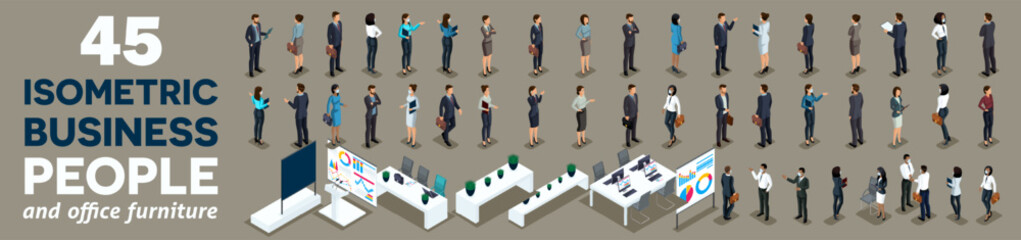More 40 Isometric kit of 3D businessmen, businesswomen and office furniture. Front and back view