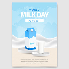World Milk Day June 1st poster design with a milk glass and milk box on the podium illustration