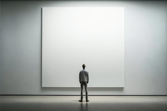 Homme debout face à un tableau blanc sur un mur blanc - Générative IA