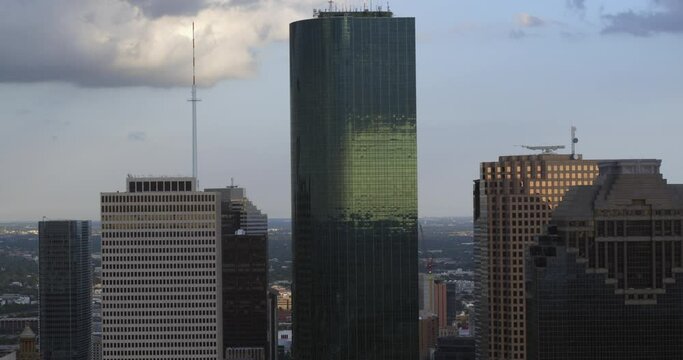 Close  up view of downtown Houston skyscrapers 