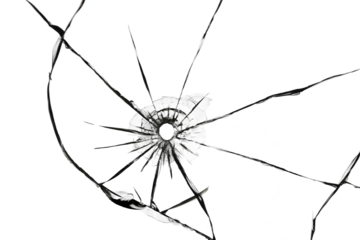 The effect of cracks on broken glass from a shot of a weapon. A hole in the glass of the bullet.