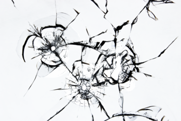 Texture of cracked broken glass on a white background.