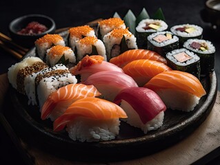 Sushi platter with rolls  and nigiri.