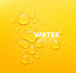 Water drops realistic, poster design on yellow background, Eps 10 vector illustration
