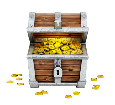 Cartoon treasure chest full of gold coins on transparent background. 3D illustration
