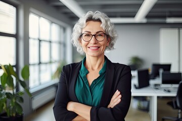Mature businesswoman smiling in office. Photo generative AI