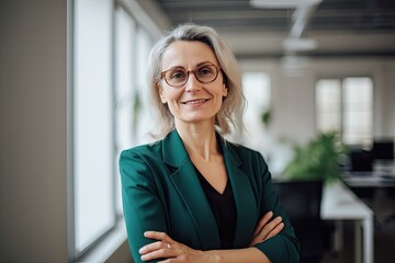 Fototapeta premium Mature businesswoman smiling in office. Photo generative AI