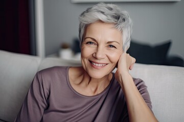 Smiling Senior Woman Relaxing on Couch at Home. Photo generative AI
