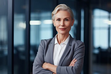 Confident mature bizwoman in modern office: Behold her empire. Photo generative AI