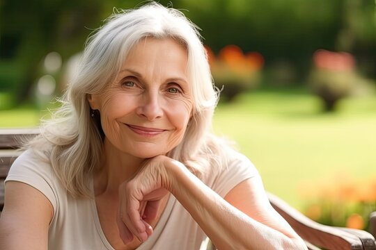 Happy senior woman smiling outdoors. Photo generative AI