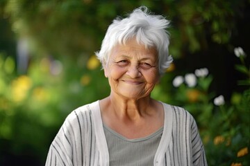 Senior woman smiling in garden. Photo generative AI