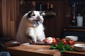 Fototapeta na wymiar cat chef chopping ingredients for delicious meal with knife and board, created with generative ai
