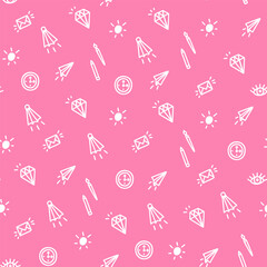 Seamless pattern with white doodle elements on a pink background in doodle style.