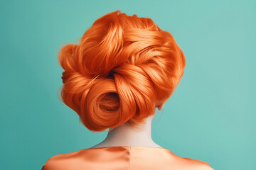 Bright orange colored hair in elegant updo hairstyle. 