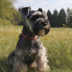 Small Schnauzer Dog in Grass Field Image.