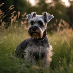 Small Schnauzer Dog in Grassy Field Photo.