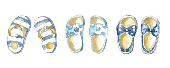 Set of children's summer shoes for the beach in cold colors. Watercolor illustration by hand on a white background.