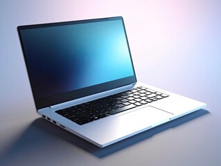 White laptop with blue screen on white background.