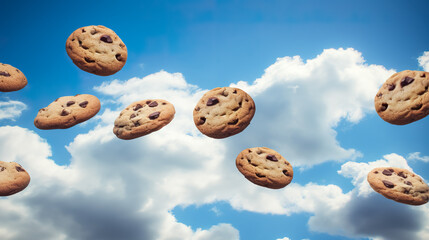 Chocolate chip cookies flying in the blue sky with white clouds. Generative AI