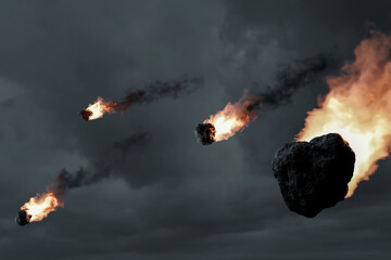 3D rendering of falling fireball meteors in front of overcast sky © Brilliant Eye