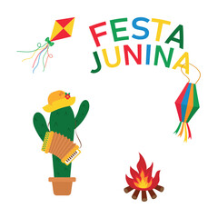 Hand drawn Festa Junina Brazil June Festival. Folklore Holiday. Accordion, Cactus, Summer,Campfire