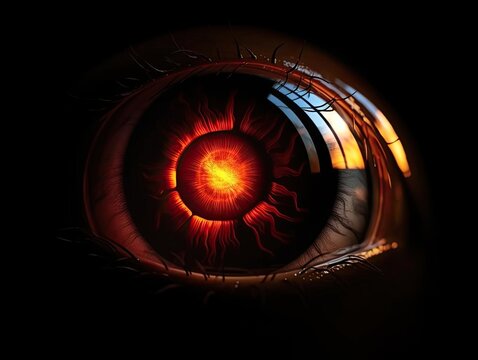 One single unblinking eye harshly illuminated from below.