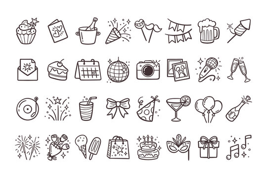 Party icon collection. Doodle cliparts isolated on white background. Cute hand-drawn vector icons. Birthday, parties and celebration events.