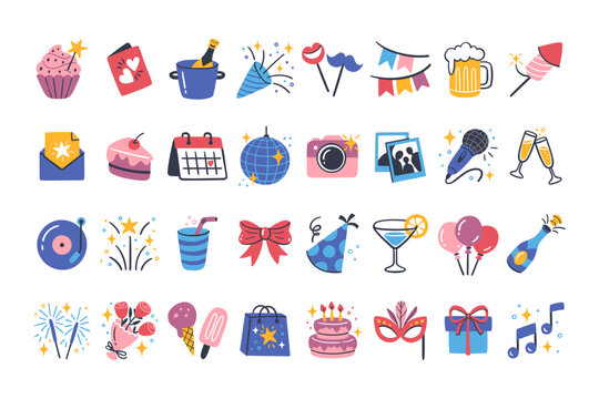 Party icon collection. Colorful cliparts isolated on white background. Cute hand-drawn vector icons. Birthday, parties and celebration events.