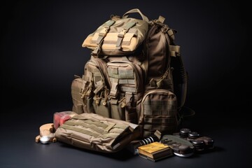 military backpack, filled with different types of ammunition and weapons, created with generative ai - obrazy, fototapety, plakaty
