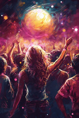 tanzende Menschen in einer Disco Location hochformat. Party Event Veranstaltung. Digital Painting. Generative Ai.