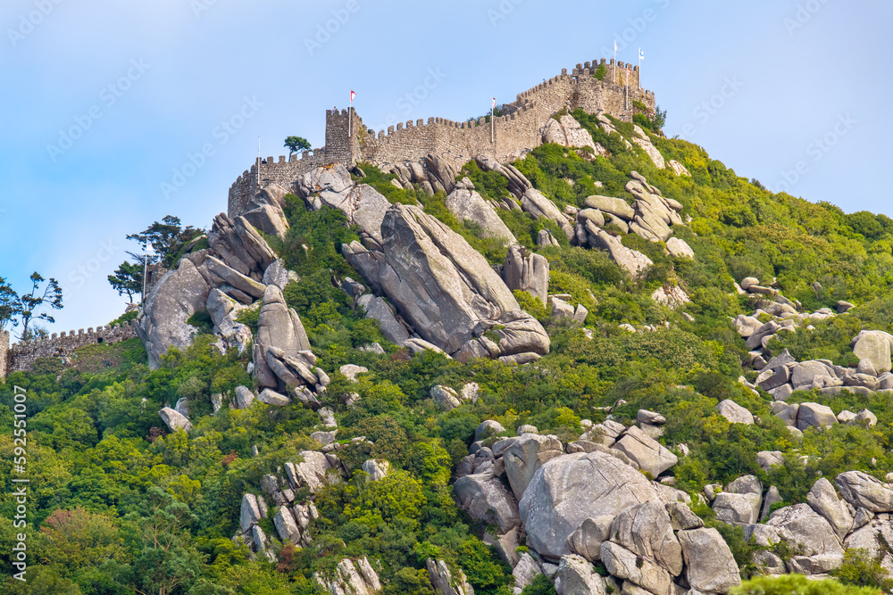 Poster medieval moorish castle in sintra. portugal