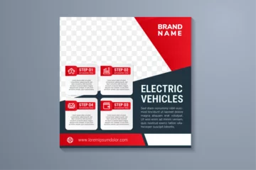 Gordijnen Editable square banner template. electric vehicles headline with dark grey background. Flat design vector with photo collage. red gradient elements Usable for social media, story and web internet ads. © 1234design