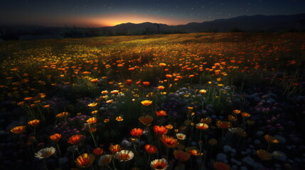 Bloom under the Moonlight: Rows of Flowers in Full Bloom in a Tranquil Field under the Warm Glow of the Setting Sun, The Vivid Colors and Fragrant Beauty of the Landscape. Generative AI