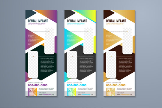 Dental implant care, dentist and tooth vertical banner with rectangle space for photo collage. purple, blue gold, and green gradient color elements. white background dental treatment concept