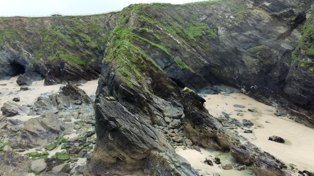 Aerial drone view of Newquay beach and city in England, Cornwall