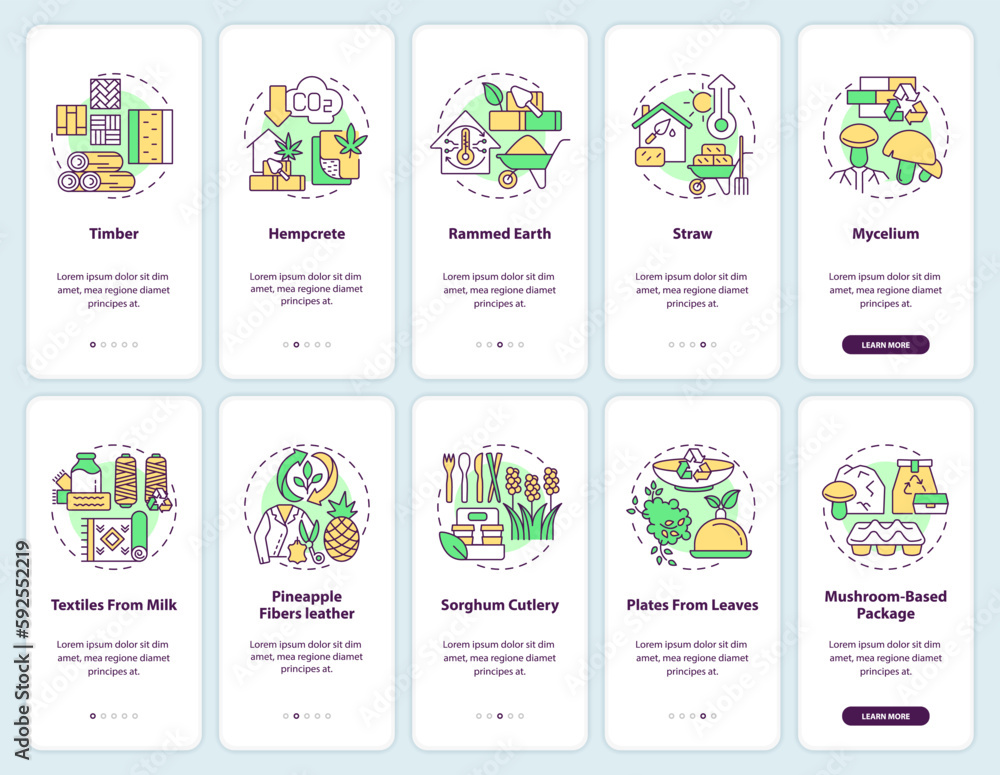 Poster bio based materials onboarding mobile app screen set. eco industry walkthrough 5 steps editable grap