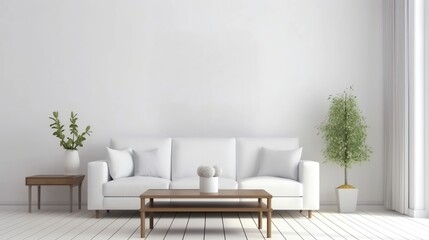 Withe sofa and wooden coffee table. Clean wall, minimalist. White color. IA generativ