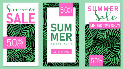 Modern vertical summer sale banners, posters or cards with tropical palm leaves in minimalist style. Season promotion. Social media post templates. Vector illustration