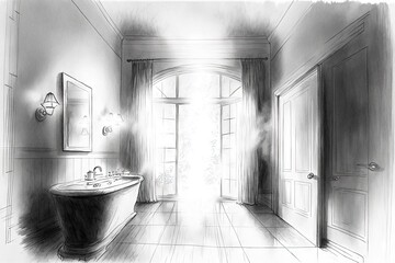 Naklejka na ściany i meble pencil sketch of tranquil bathroom, with steam rising from the bathtub, created with generative ai