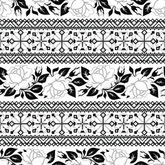 Seamless Pattern with Rose Inspired by Ukrainian Traditional Embroidery. Ethnic Floral Motif, Handmade Craft Art. Horizontal Oriented Stripes. Coloring Book Page. Vector Contour Illustration