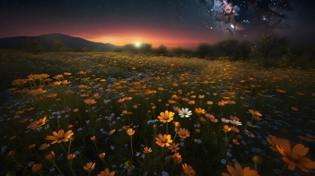 Bloom under the Moonlight: Rows of Flowers in Full Bloom in a Tranquil Field under the Warm Glow of the Setting Sun, The Vivid Colors and Fragrant Beauty of the Landscape. Generative AI