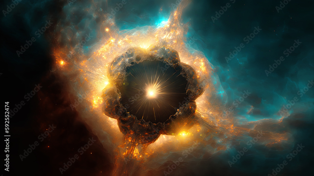 Poster view of the birth of a star in space during a nebula explosion. nuclear fusion of cosmic clouds of g