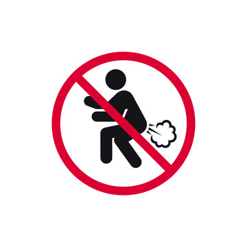 No farting prohibited sign, no fart forbidden modern round sticker, vector illustration.