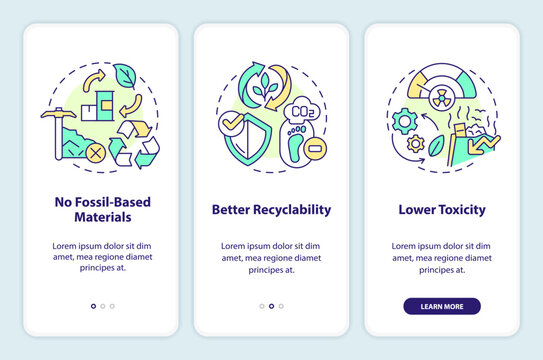Bio based materials benefits onboarding mobile app screen. Walkthrough 3 steps editable graphic instructions with linear concepts. UI, UX, GUI template. Myriad Pro-Bold, Regular fonts used