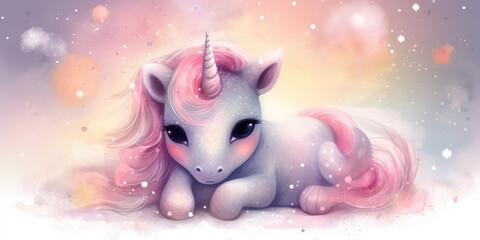 Cute baby Unicorn, Magic Baby Rainbow Horse surrounded by sparkles and glitter, generative AI