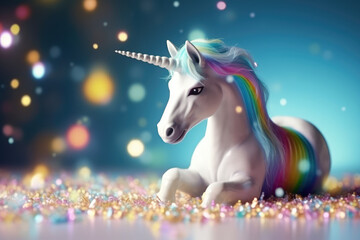Cute baby Unicorn, Magic Baby Rainbow Horse surrounded by sparkles and glitter, generative AI