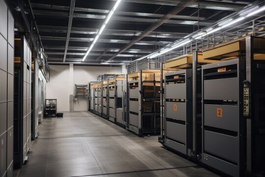 data center with robotic systems for pick, pack and ship operations, created with generative ai