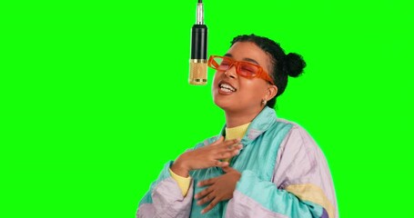 Green screen microphone, music singer and woman singing lyrics, recording song track and hip hop rapper performance. Celebrity musician, chroma key artist and gen z female rap on studio background - Powered by Adobe