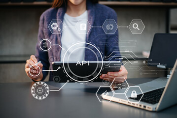 API Application Programming Interface, woman using laptop, tablet and smartphone with virtual screen API icon Software development tool, modern technology concept..